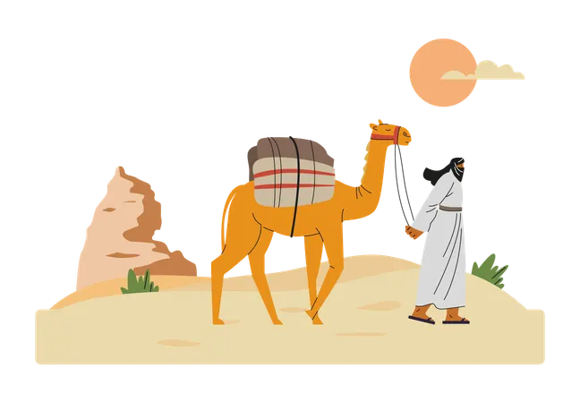 Bedouin walking with camel and cargo on hot sunset trough desert  Illustration
