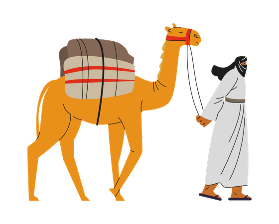 Bedouin walking with camel with cargo  Illustration