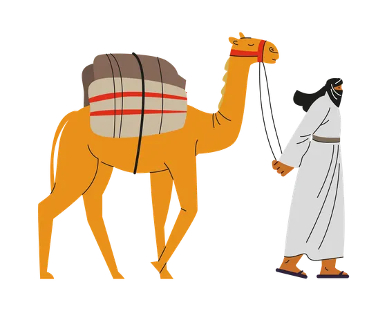 Bedouin walking with camel with cargo  Illustration