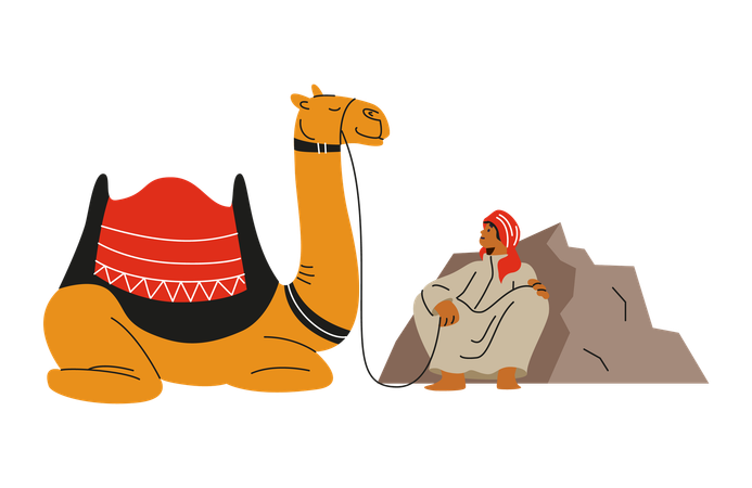 Bedouin with camel sitting and resting  Illustration