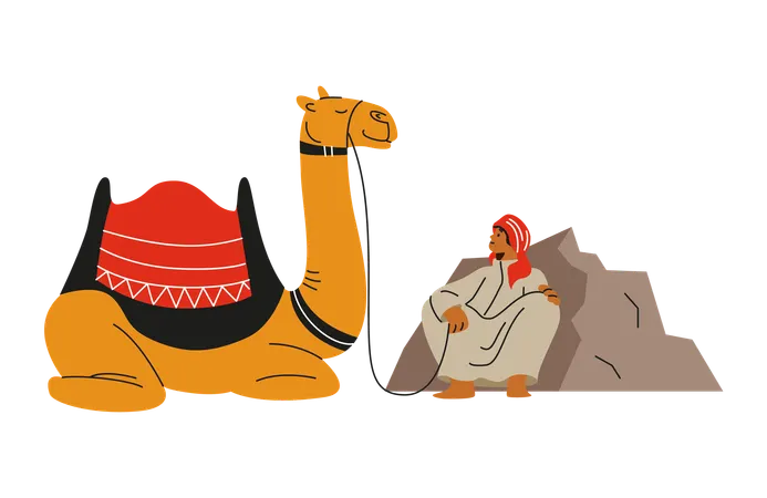 Bedouin with camel sitting and resting  Illustration