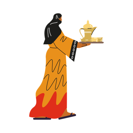 Bedouin woman with black scarf on head carries tray with dishes  Illustration