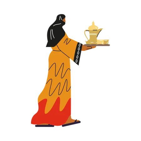 Bedouin woman with black scarf on head carries tray with dishes  Illustration