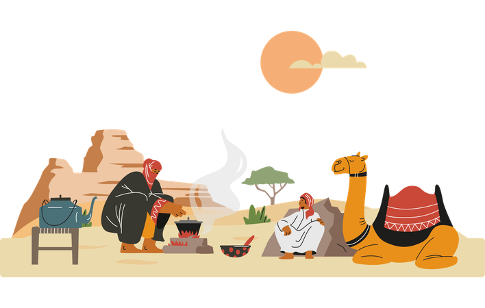 Bedouins resting with camel on hot summer sunset in desert  Illustration