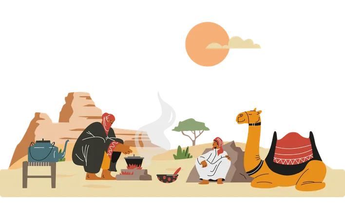 Bedouins resting with camel on hot summer sunset in desert  Illustration