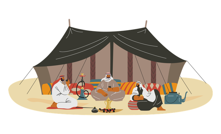 Bedouins sitting in desert near their tent camp  Illustration