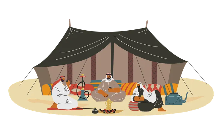 Bedouins sitting in desert near their tent camp  Illustration