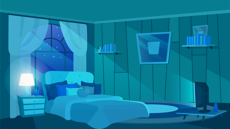 Bedroom interior in moonlight rays Illustration