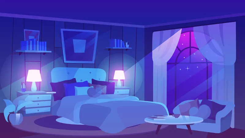 Bedroom interior in moonlight rays  Illustration