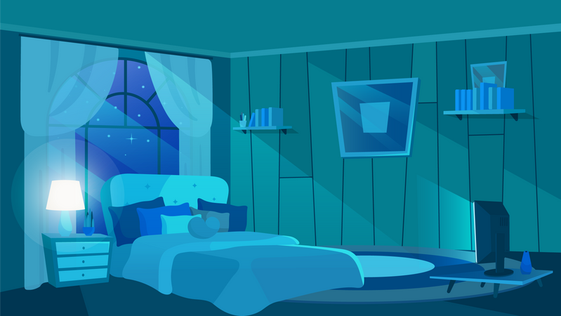 Bedroom interior in moonlight rays  Illustration