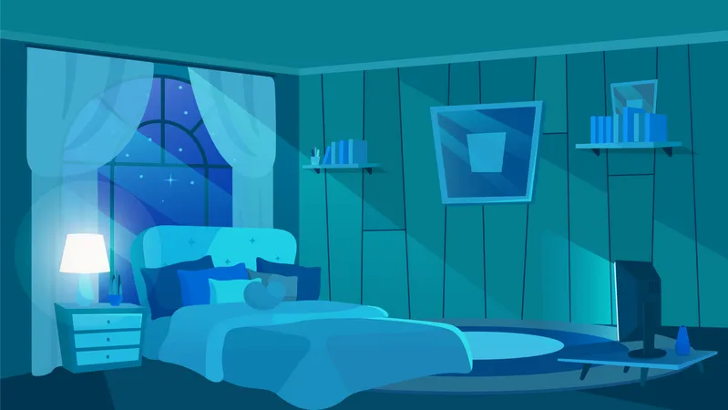 Bedroom interior in moonlight rays  Illustration