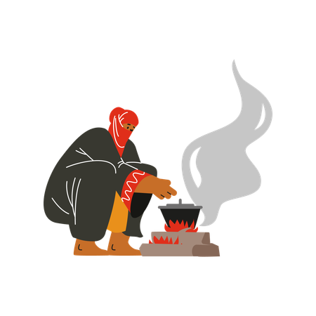 Beduino con ropa tradicional árabe cocinando comida al fuego  Ilustración