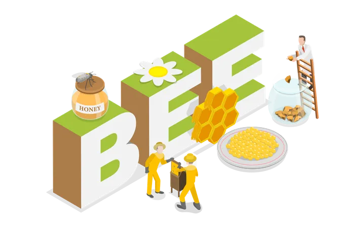 3 D Isometric Flat Vector Illustration Of Bee And Honey Production Beekeeping Industry Illustration
