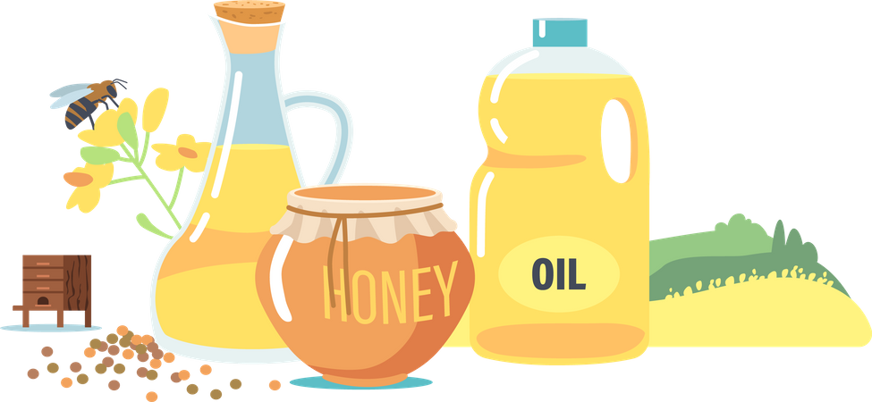 Bee Honey and Oil Production Illustration