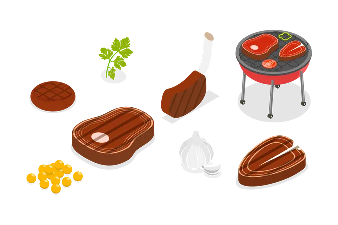 3 D Isometric Flat Vector Set Of Beef Steaks BBQ And Grilled Meat Illustration