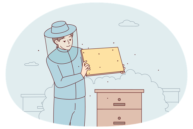 Beekeeper in costume work with beecombs  Illustration