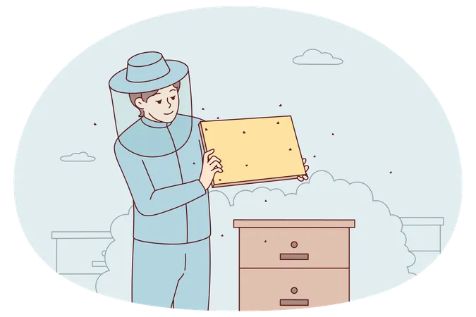 Beekeeper in costume work with beecombs  Illustration