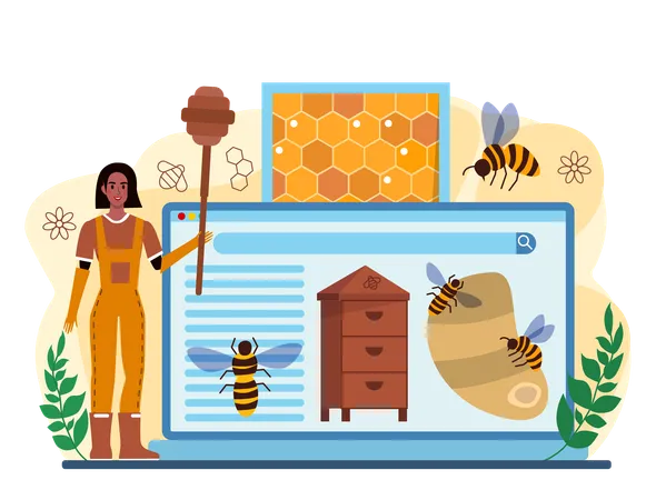 Hiver Or Beekeeper Online Service Or Platform Apiculture Farmer Gathering Honey Apiary Worker Beekeeping And Honey Extraction Website Flat Vector Illustration Illustration