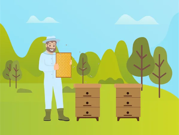 Beekeeping Activity Of Man Vector Production Of Honey On Nature Man With Beeswax Wearing Special Costume Protecting From Bees Sting Forest And Trees Illustration