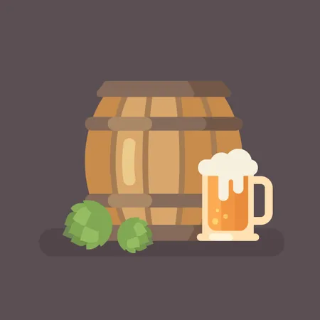Beer barrel, hop and beer mug Illustration