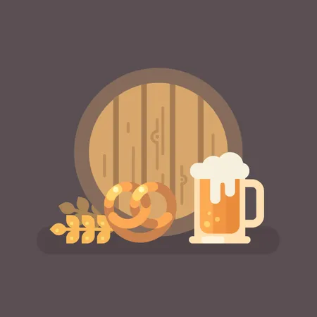 Beer barrel, pretzel, wheat and beer mug Illustration