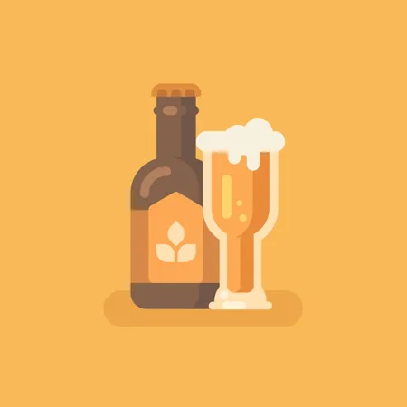 Beer bottle and beer glass on orange background Illustration