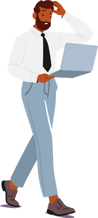 Befuddled businessman clutching laptop  Illustration