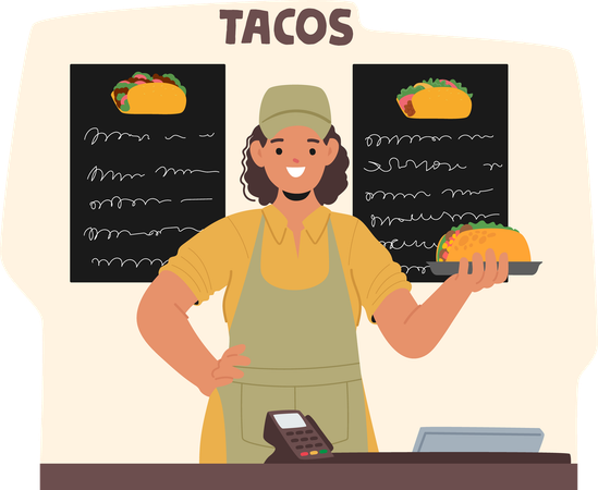 Begeisterter Fast-Food-Mitarbeiter steht hinter der Theke am Taco-Stand mit Menütafel  Illustration