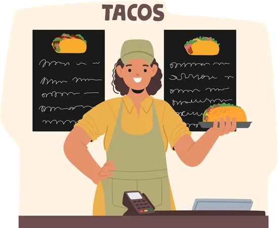 Begeisterter Fast-Food-Mitarbeiter steht hinter der Theke am Taco-Stand mit Menütafel  Illustration