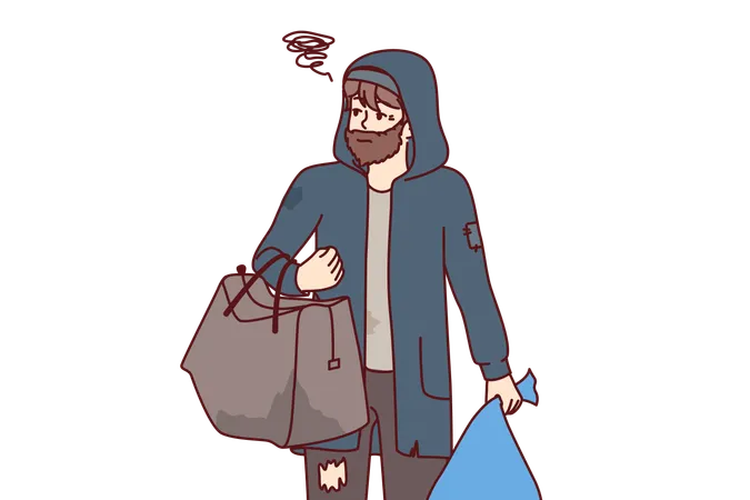 Man Tramp With Bag Walks City Streets In Search Of Shelter Or Food Thrown Into Trash Concept Of Helping Homeless And People In Distress In Need Of Shelter Or Food Stamps For Survival イラスト