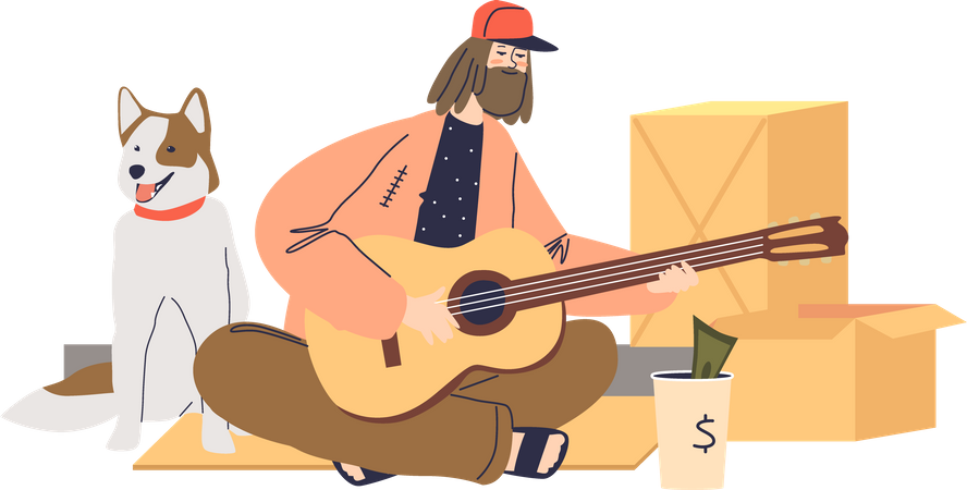 Beggar singing and playing guitar for money  Illustration