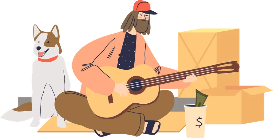 Beggar singing and playing guitar for money  Illustration