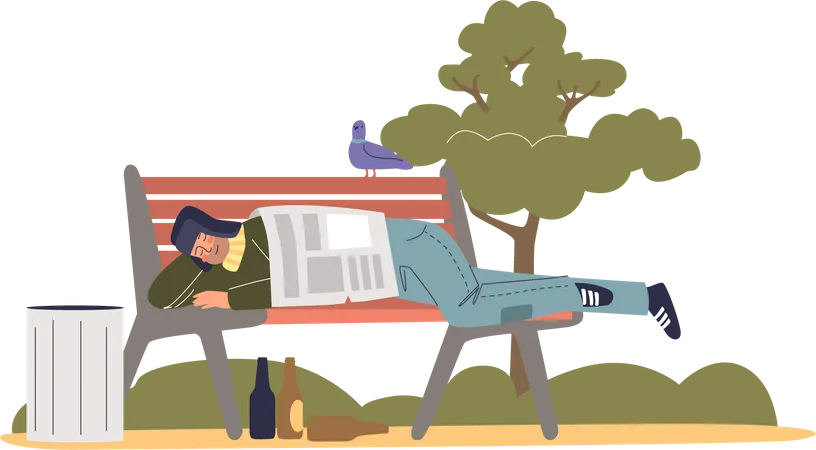 Beggar sleeping on street bench  Illustration