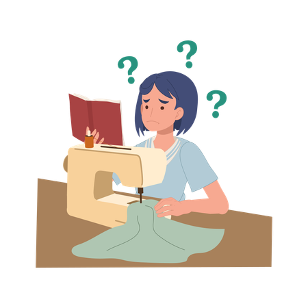 Beginner woman learns to sew at home while reading  confusing manual with question marks showing the challenge of diy fashion  Illustration