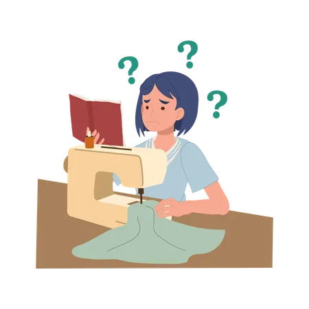 Beginner woman learns to sew at home while reading  confusing manual with question marks showing the challenge of diy fashion  Illustration