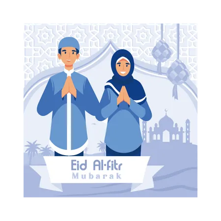 Muslimisches Paar grüßt zum Eid  Illustration