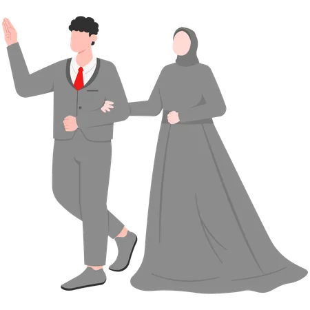 Muslimische Braut und Bräutigam begrüßen sich am Hochzeitstag  Illustration