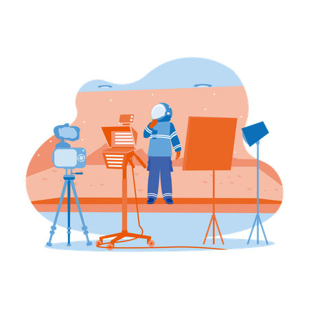 Behind-the-scenes shots of a virtual production stage with a large LED screen, the cinematographer shoots the Mars scene. Filmmaking process. Video Editor concept. trend modern vector flat illustration  Ilustración
