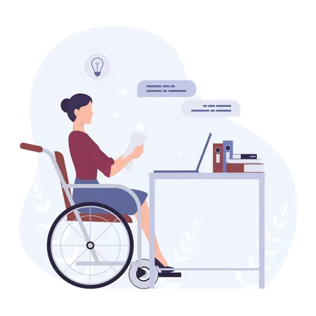 Behinderte Frau im Rollstuhl arbeitet im Büro  Illustration