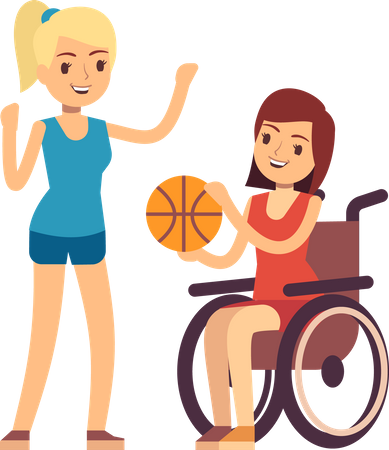 Behinderte junge Frau spielt Basketball mit Freund  Illustration