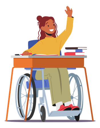 Behinderte Schülerin sitzt auf Schulbank  Illustration