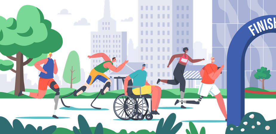 Behindertensportler laufen City-Marathon  Illustration