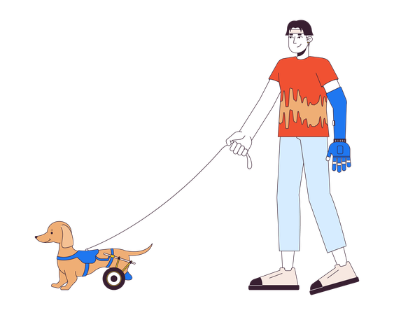 Behinderter asiatischer Mann geht mit Hund im Rollstuhl spazieren  Illustration