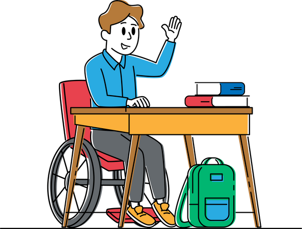 Behinderter Junge im Rollstuhl sitzt mit Schulbüchern am Schreibtisch im Klassenzimmer und hebt die Hand  Illustration