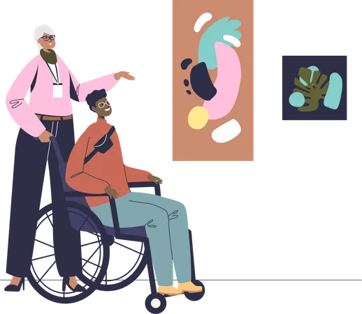 Behinderter Mann im Rollstuhl besucht Kunstgalerie  Illustration
