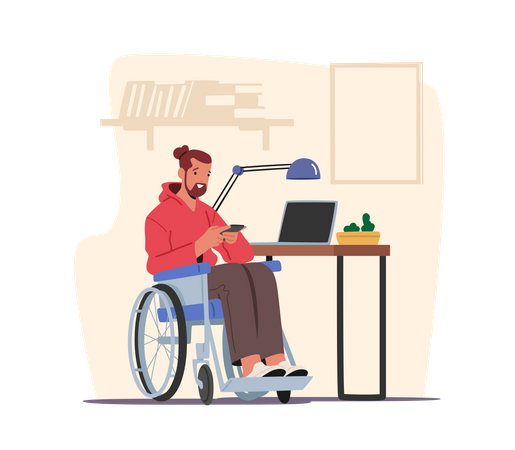 Behinderter Mann schreibt Nachricht oder sieht sich Video am Telefon an  Illustration