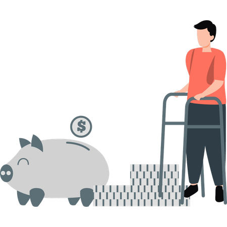 Behinderter Mann spart Geld im Sparschwein  Illustration