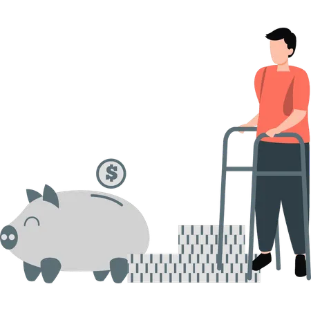 Behinderter Mann spart Geld im Sparschwein  Illustration