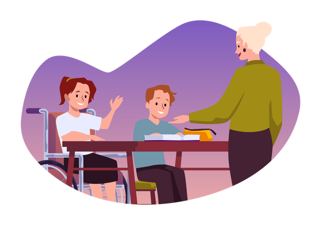 Behindertes Mädchen im Klassenzimmer mit Lehrer und anderen Schülern  Illustration