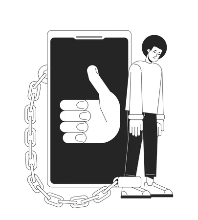 Being Chained To Smartphone Black And White Concept Vector Spot Illustration Editable 2 D Flat Monochrome Cartoon Character For Web Design Phone Addiction Line Art Idea For Website Mobile Blog Illustration